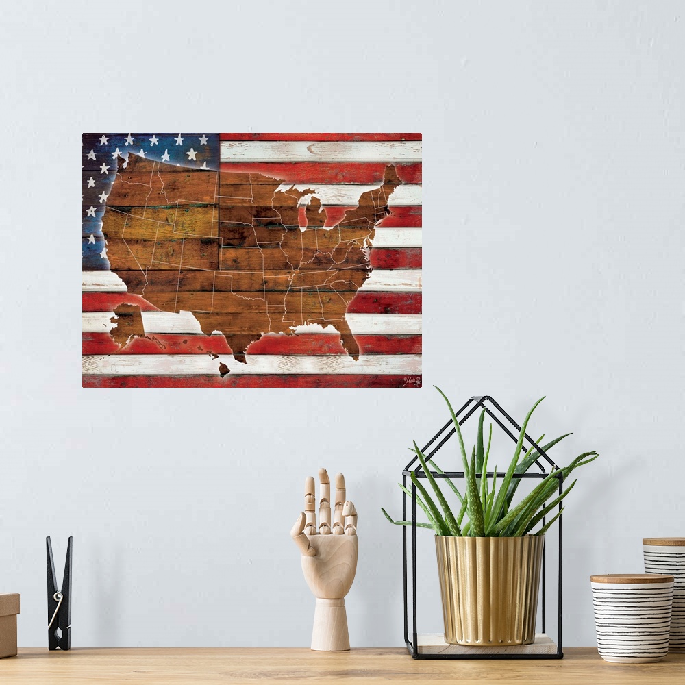A bohemian room featuring A map of the United States in wood on an American Flag.