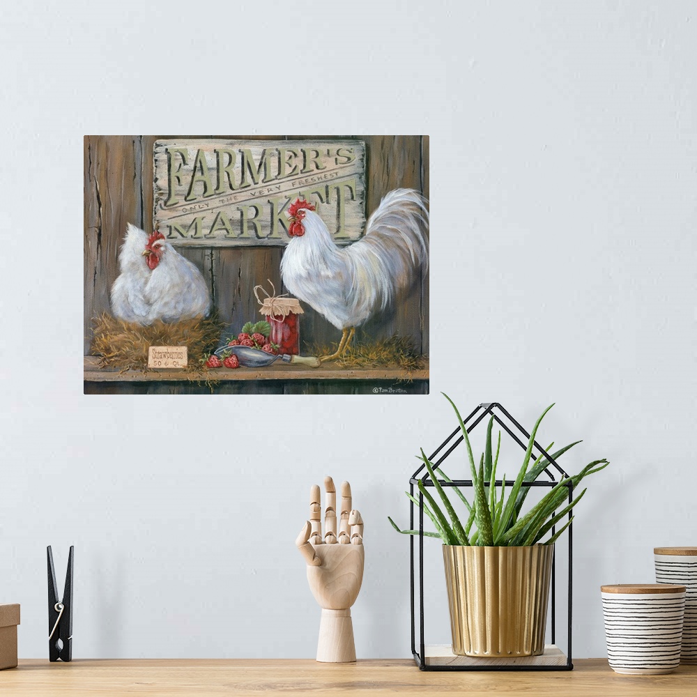 A bohemian room featuring Two white chickens with berries and jam and a sign reading "Farmer's Market."