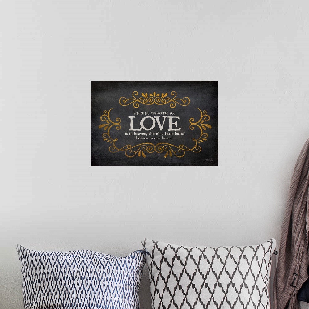 A bohemian room featuring Typography artwork about love and those we've lost with vintage flourish designs.