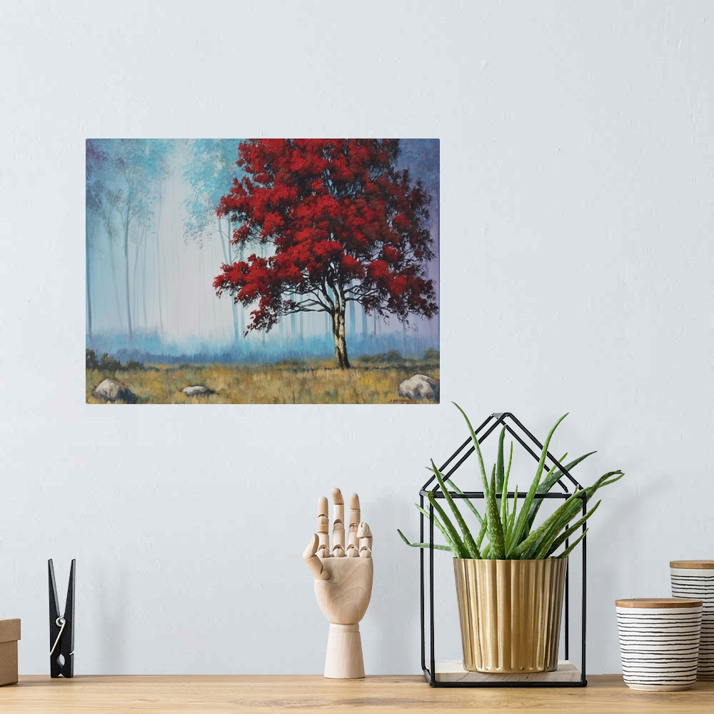 A bohemian room featuring Contemporary painting of a red tree with leafy branches in a forest.