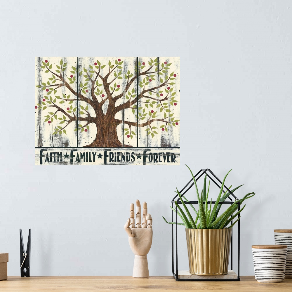 A bohemian room featuring Tree - Faith Family Friends Forever