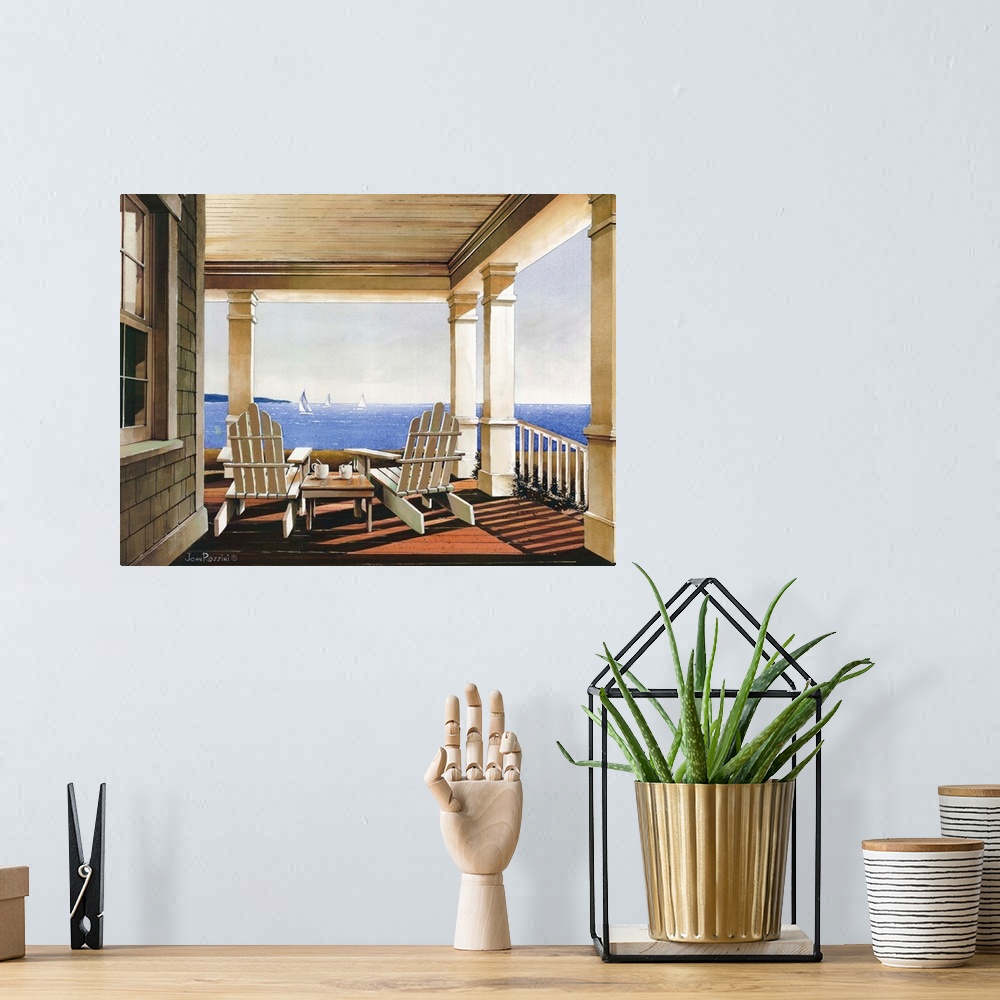 A bohemian room featuring Art print of adirondack chairs on a covered porch overlooking the ocean in afternoon light.