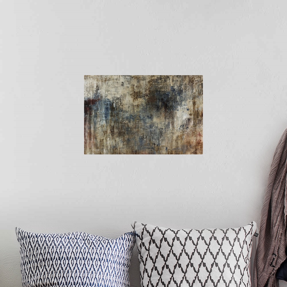 A bohemian room featuring Abstract painting with crackling and overlapping patches of cool, warm and neutral tones.