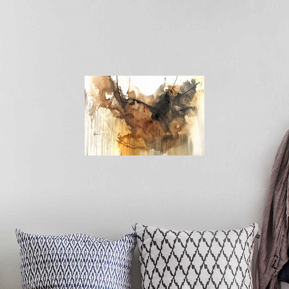 A bohemian room featuring Large abstract painting with earthy tones shades of brown, orange, gray, and black.