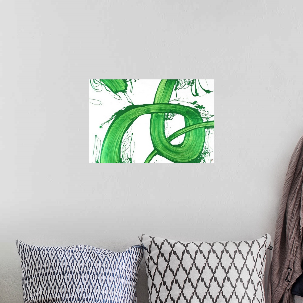 A bohemian room featuring Large abstract painting with bright looping green brushstrokes on a white background with some pa...