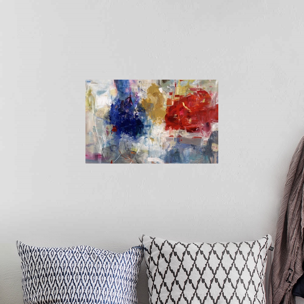 A bohemian room featuring Abstract painting of three vibrant blossoms of color overlapping a busy landscape of soft and sub...