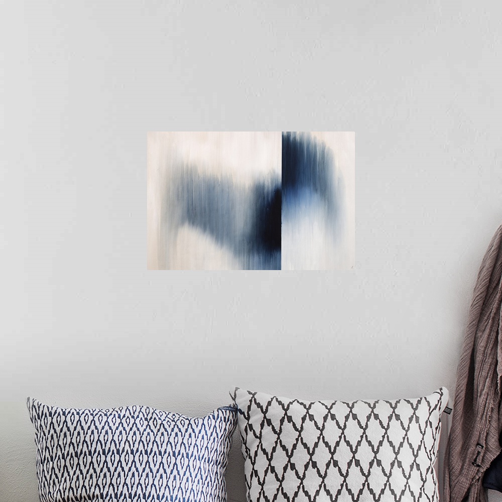 A bohemian room featuring Large abstract painting with an indigo gradient going though the middle and flipped to the top on...