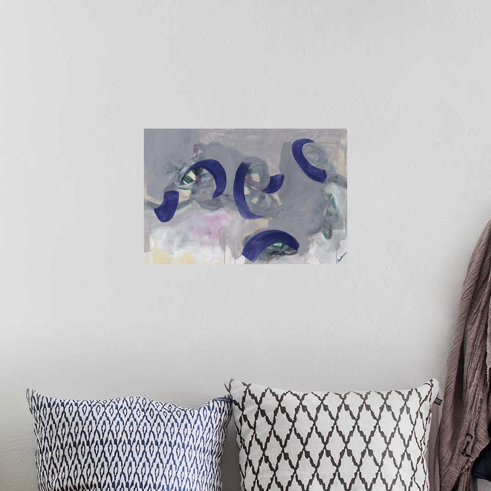 A bohemian room featuring Contemporary abstract painting of purple paint strokes against a multi-gray toned background.