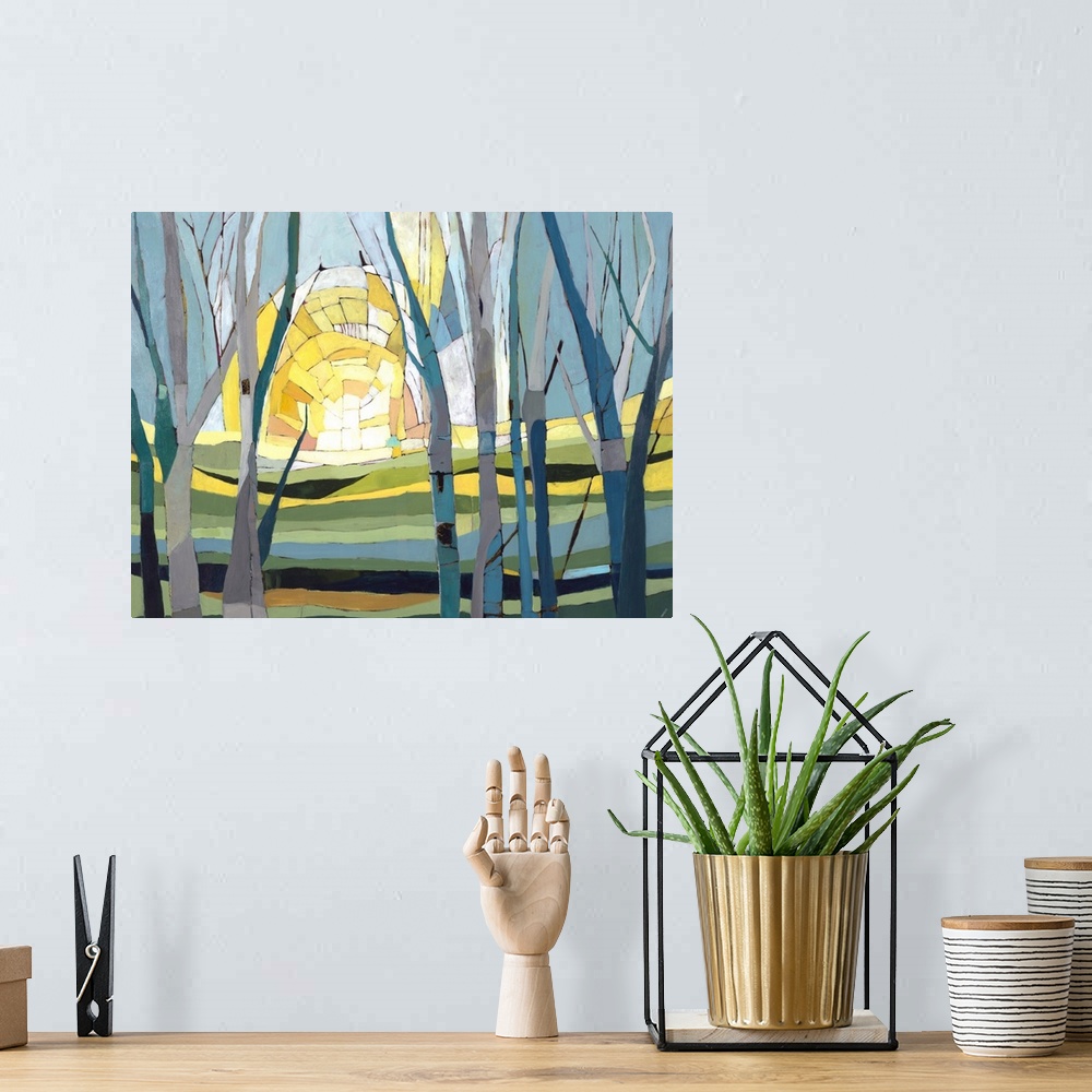 A bohemian room featuring Abstract landscape painting created using geometric shapes placed together creating trees in shad...