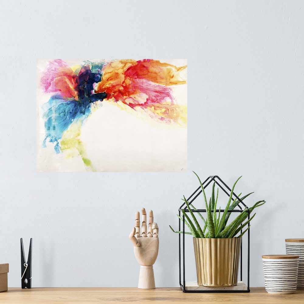 A bohemian room featuring Contemporary abstract painting using a variety of colors to create a colorful cloud-like shape.