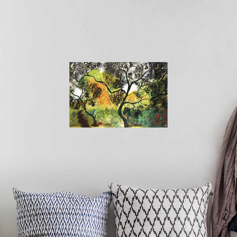 A bohemian room featuring Contemporary landscape painting of a forest thicket with colorful autumn foliage.