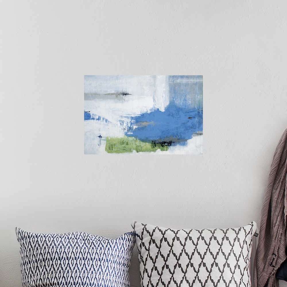 A bohemian room featuring Contemporary abstract painting using blue and light green patches against a neutral background.