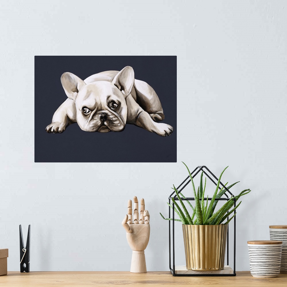 A bohemian room featuring A contemporary artwork of a french bulldog laying down with a look of longing on his face.