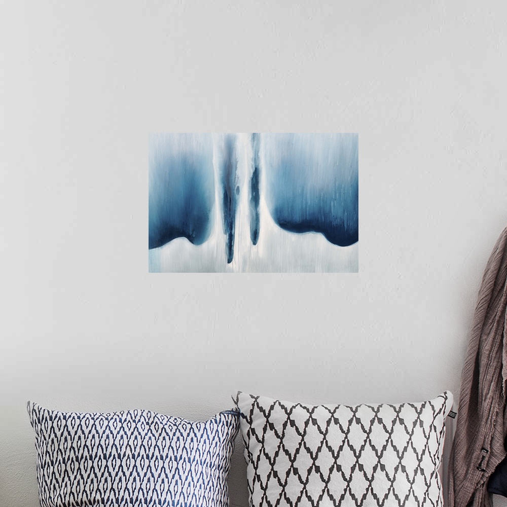 A bohemian room featuring Abstract artwork in cool blue tones resembling falling water.