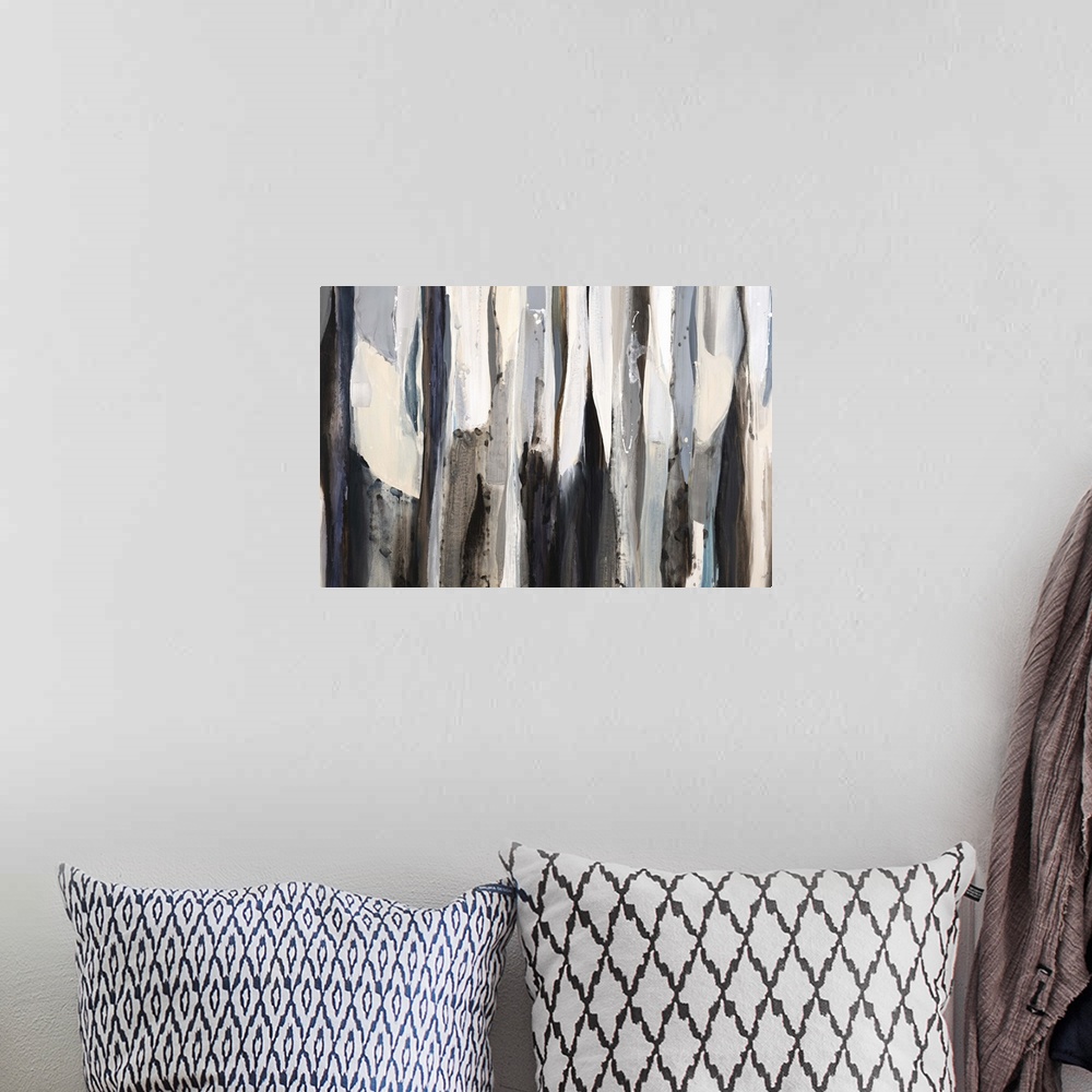 A bohemian room featuring Contemporary abstract painting using light neutral colors.