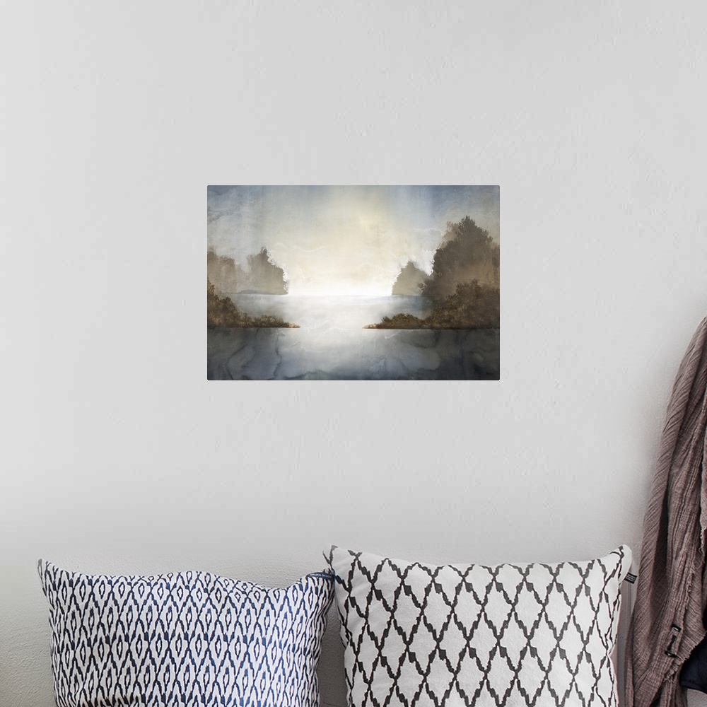 A bohemian room featuring Contemporary painting of an abstract landscape with sunshine bouncing off of the water creating b...