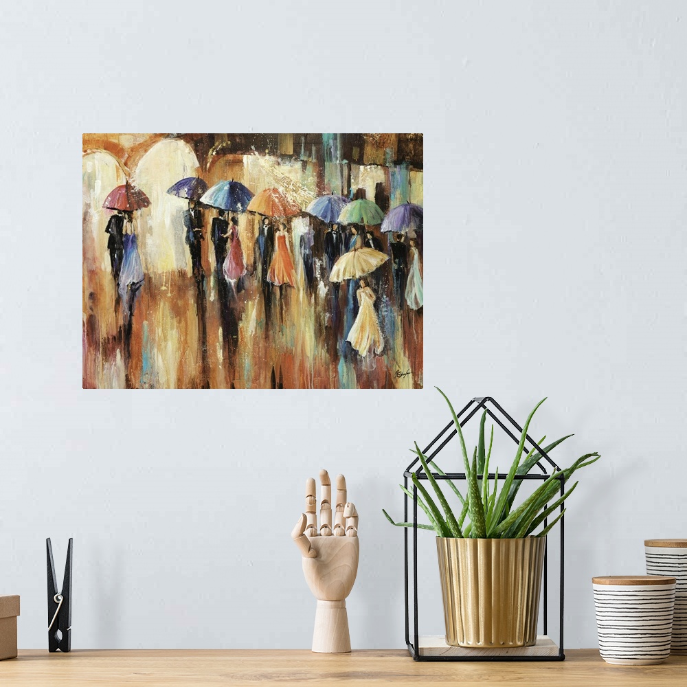 A bohemian room featuring Big painting of men and women under umbrellas going to a show as it rains.