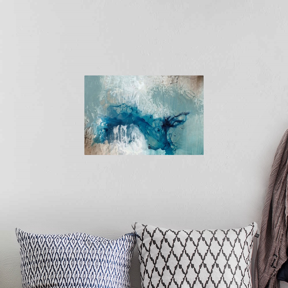 A bohemian room featuring Abstract painting dark teal splattered against a pale blue toned background.