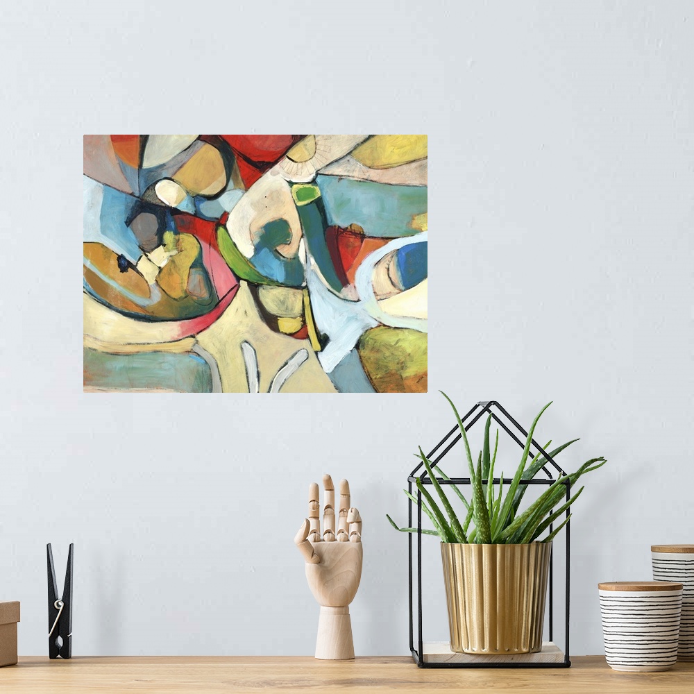 A bohemian room featuring Contemporary abstract painting using a full range of color and shape.