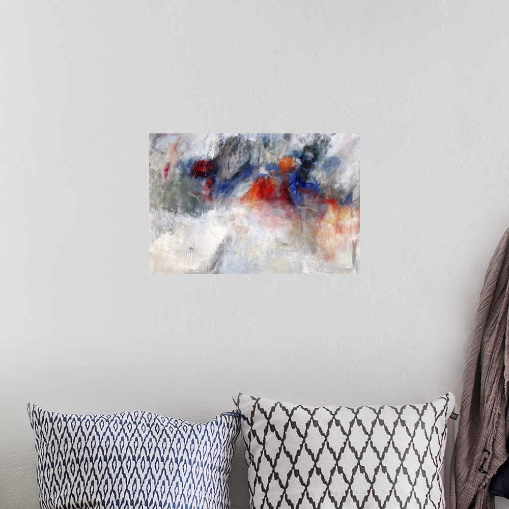 A bohemian room featuring Abstract painting of textured brush strokes in colors of red, blue and gray.