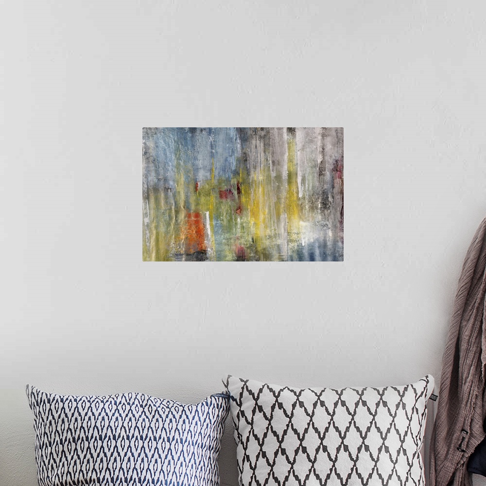 A bohemian room featuring Contemporary abstract painting using pale muted tones of blue, yellow and red with faint vertical...