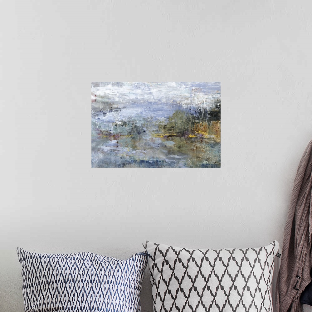 A bohemian room featuring An abstract landscape of a spring day.