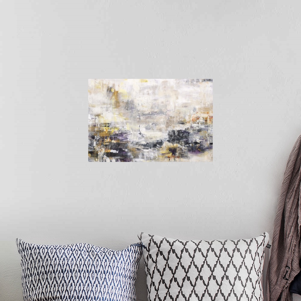 A bohemian room featuring Contemporary abstract artwork in shades of white, grey, gold.