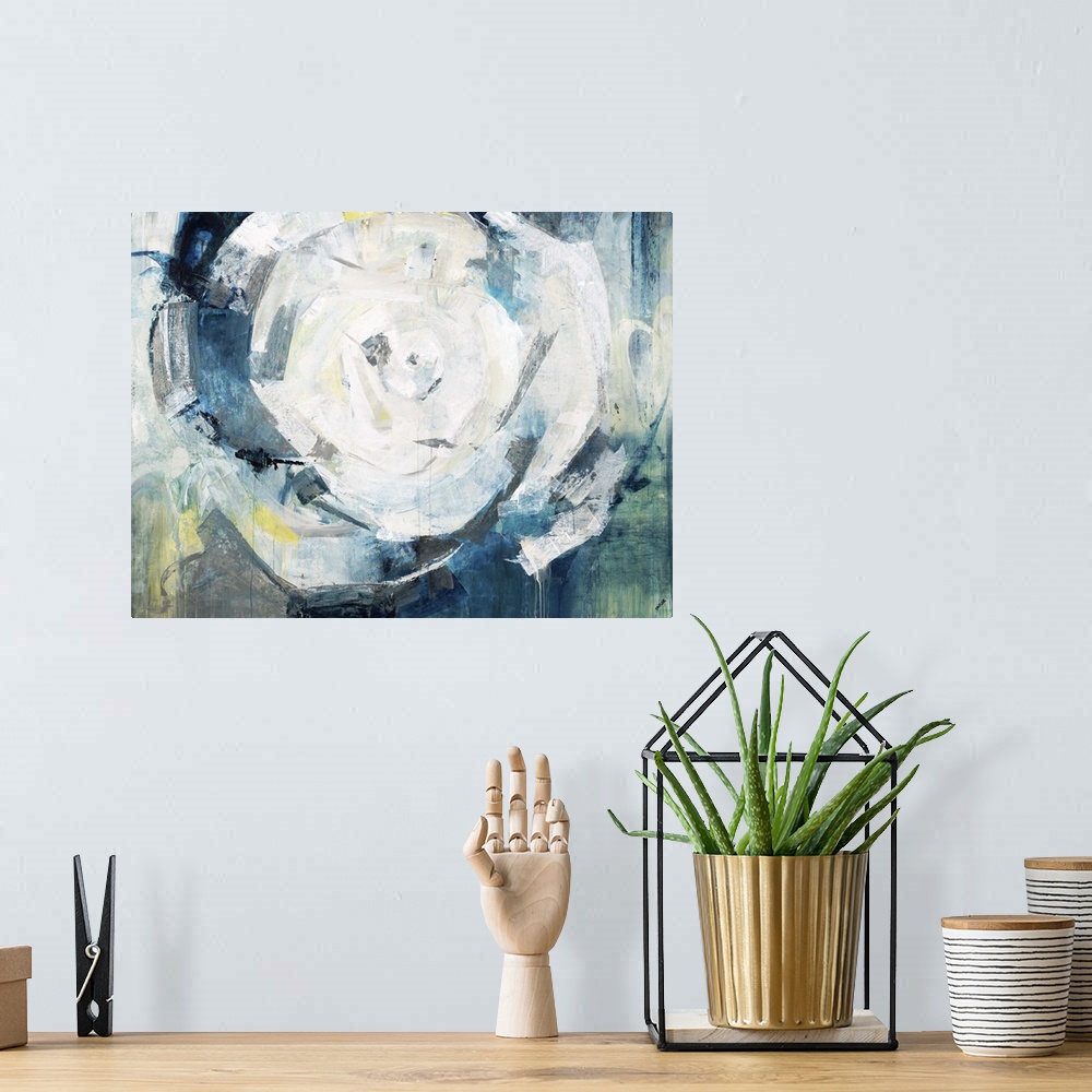 A bohemian room featuring Contemporary abstract painting in shades of blue and gold, swirling around a white center.