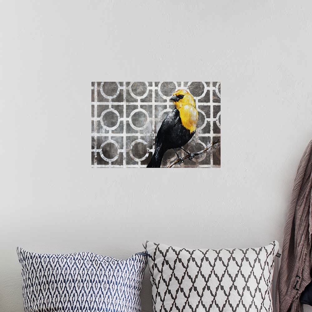 A bohemian room featuring Contemporary painting of a black and golden bird perched on a small branch, in front of a neutral...