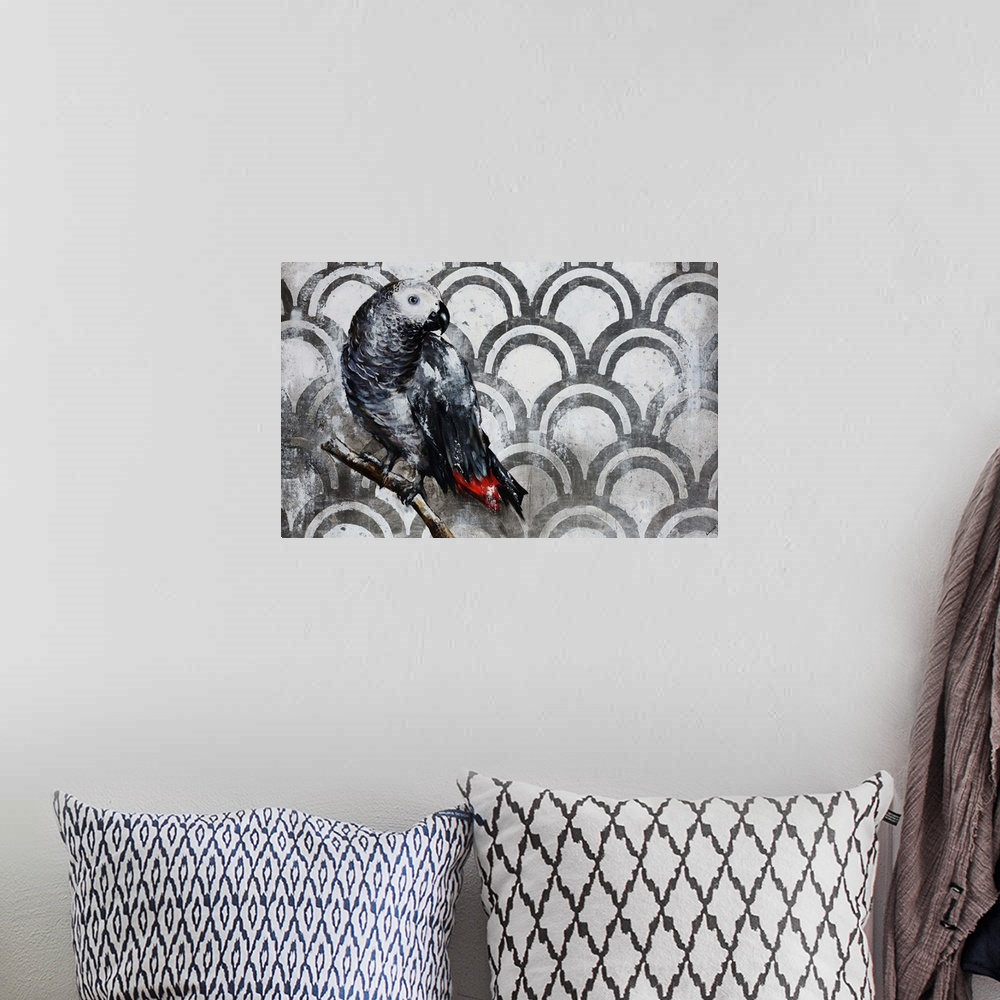 A bohemian room featuring Contemporary painting of a black and red bird perched on a small branch, in front of a neutral ba...