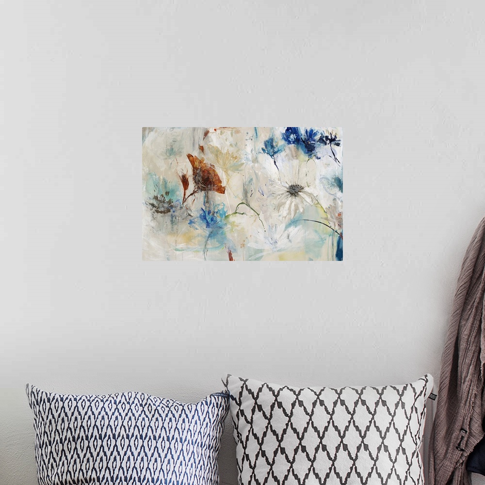 A bohemian room featuring Contemporary painting of abstracted flowers against a pale background with splashes of blue.