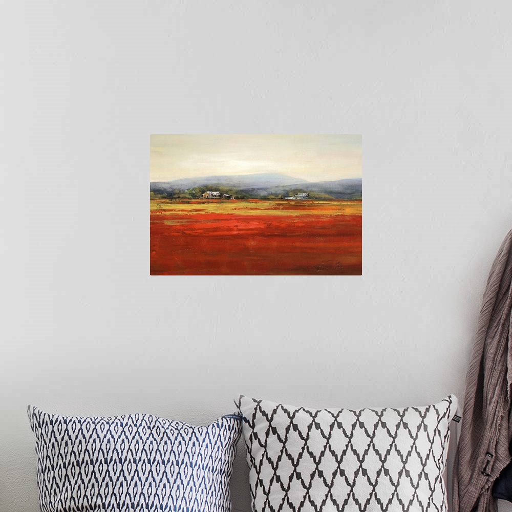 A bohemian room featuring Contemporary artwork of a farm landscape with a red field.