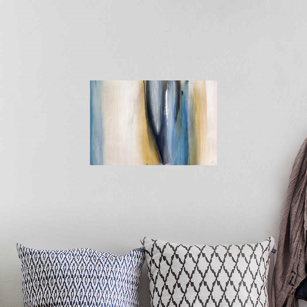 A bohemian room featuring Abstract painting of thick vertical streaks of watercolor in various tones, on a light, neutral b...