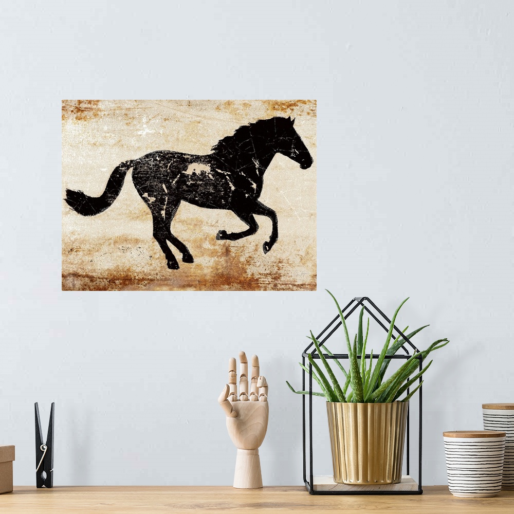 A bohemian room featuring Galloping black horse profile on a textured rust background.