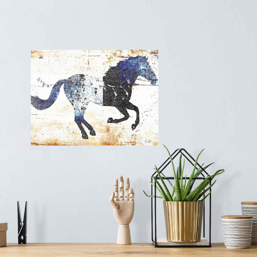 A bohemian room featuring Galloping blue and black horse profile on a textured rust background.