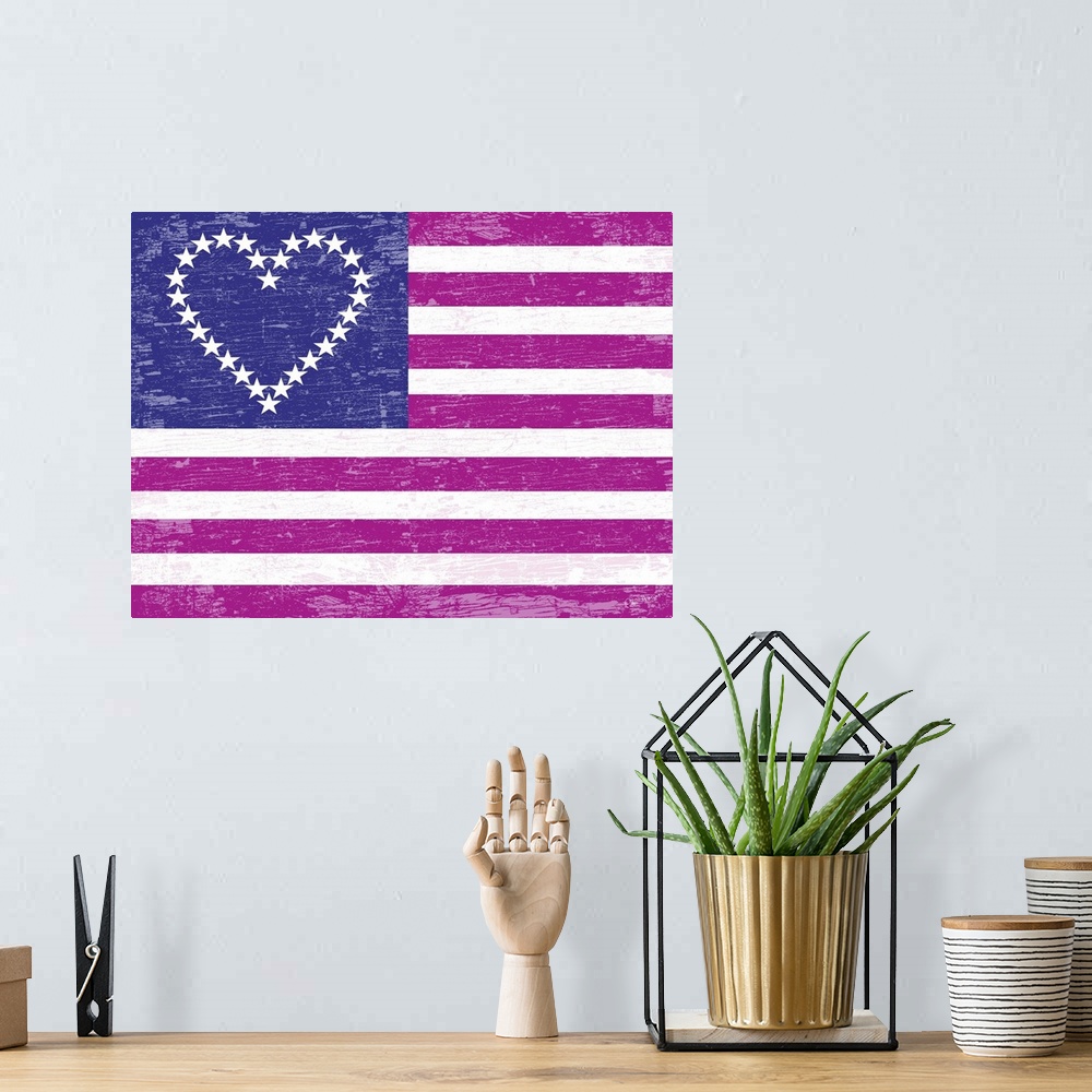 A bohemian room featuring American flag with the stars in the shape of a heart in pink and stripes in violet