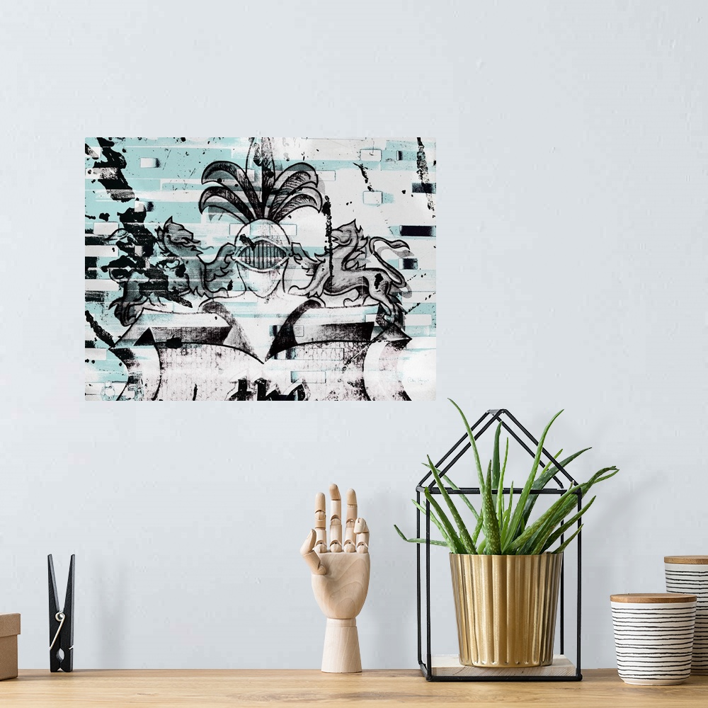 A bohemian room featuring A knight in shining armor with shield and crest on tiffany light blue painted brick background.