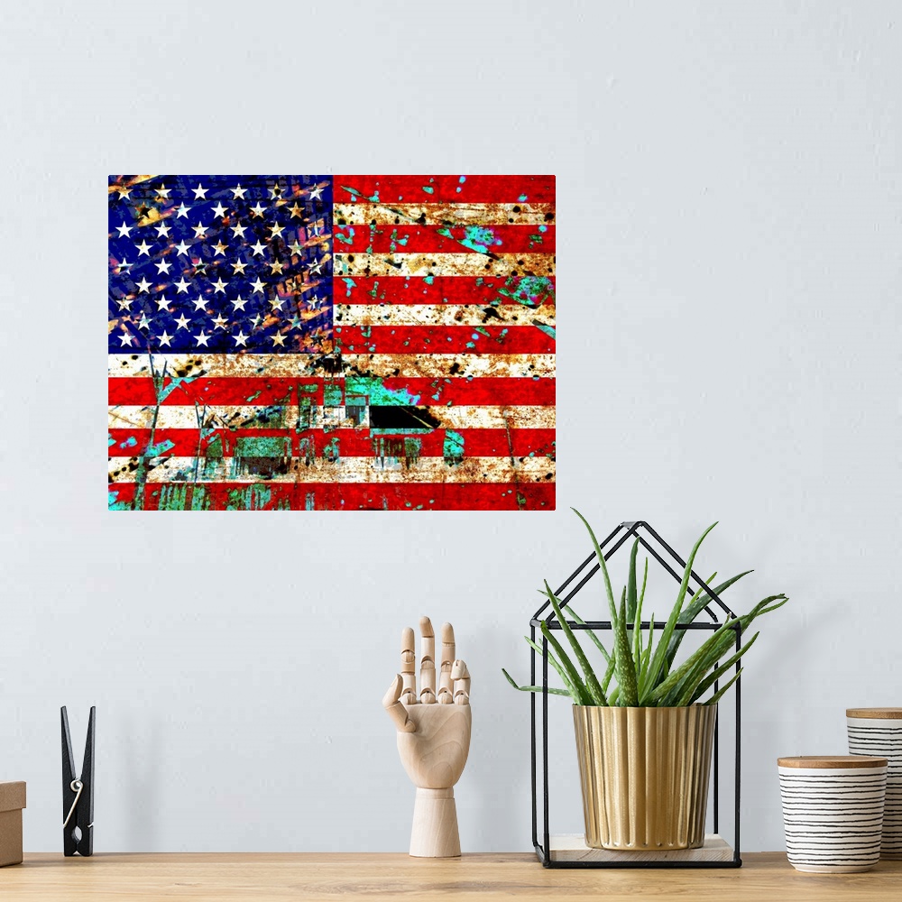 A bohemian room featuring A torn and distressed american flag with an old barn and rust texture in the background.