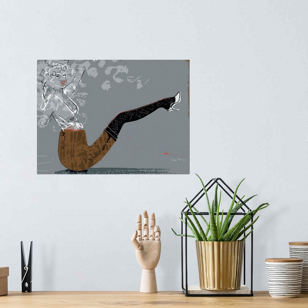 A bohemian room featuring Pen and ink wall art illustration of a large tobacco pipe which also looks like a sexy woman's le...