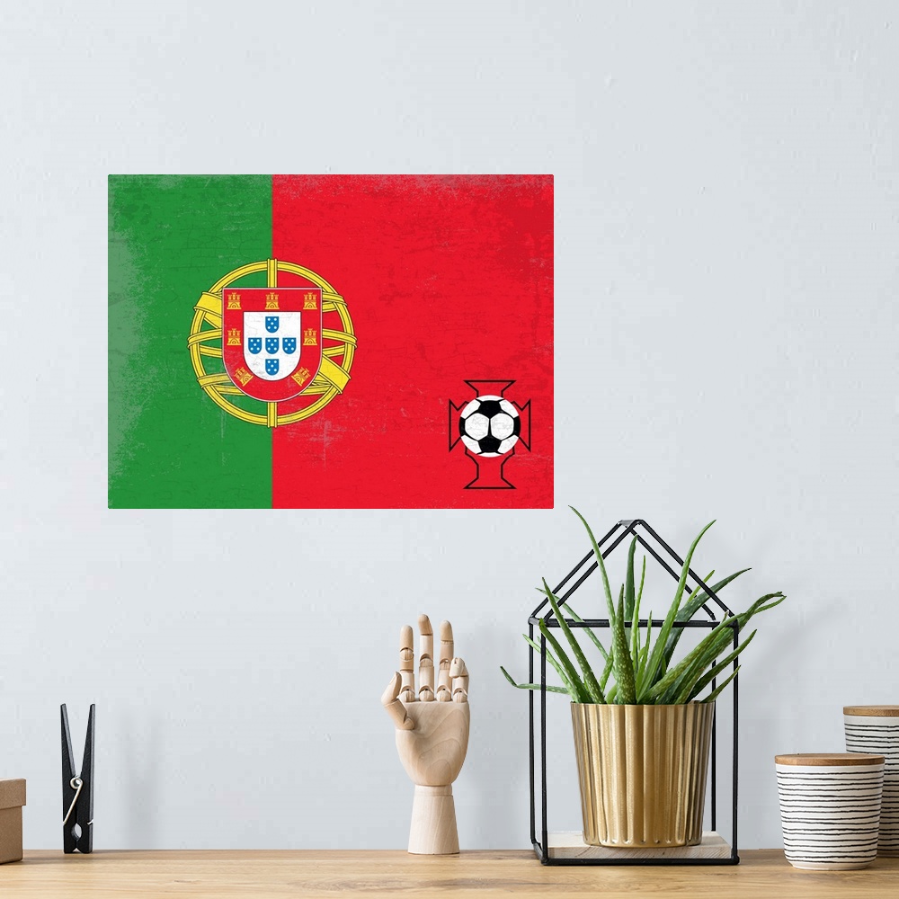 A bohemian room featuring Flag of Portugal with soccer crest with soccer ball.