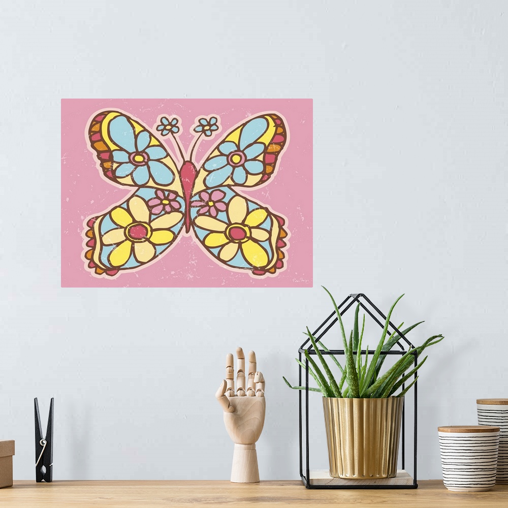 A bohemian room featuring A pen and ink illustrated butterfly with flowers on a pink background.