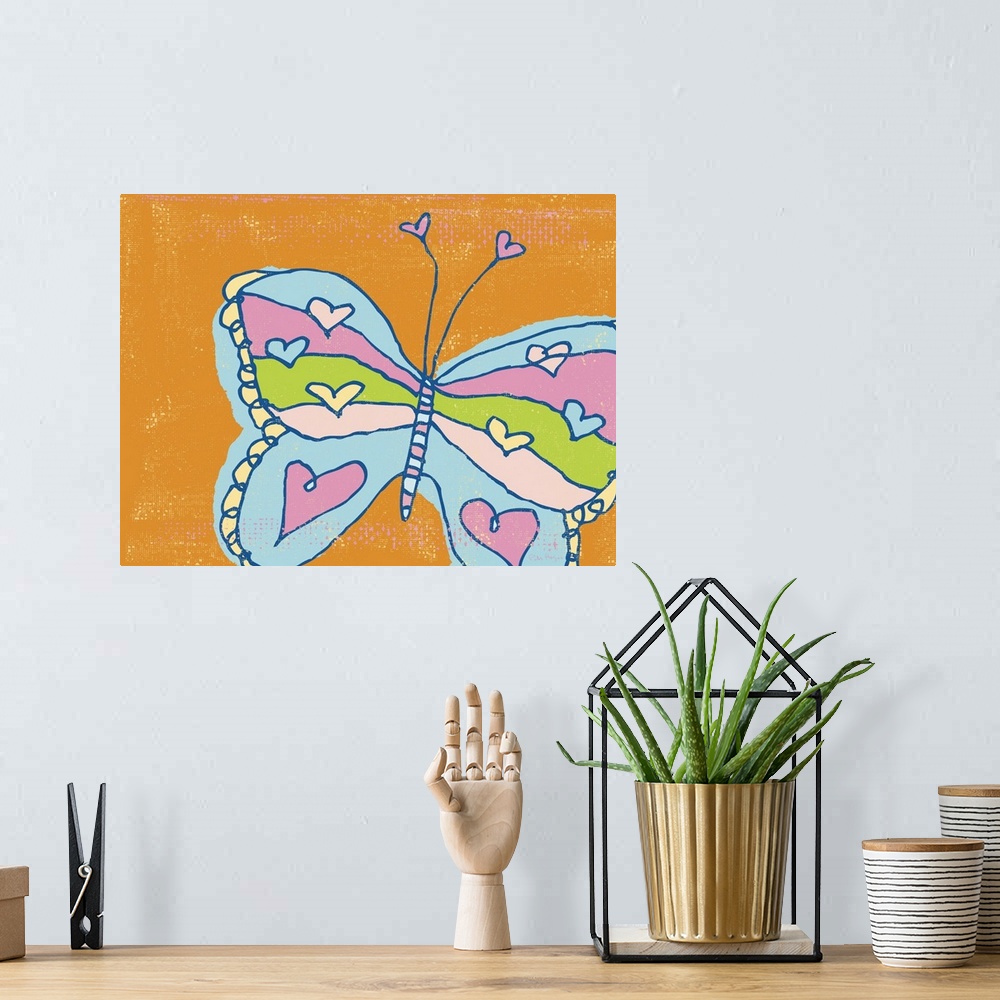 A bohemian room featuring A pen and ink illustrated butterfly with hearts on an orange background.