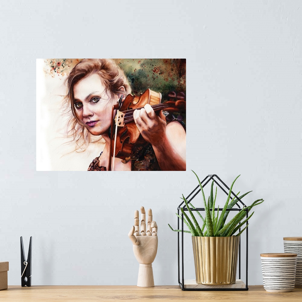 A bohemian room featuring An intense portrait of a beautiful musician captured with watercolour.