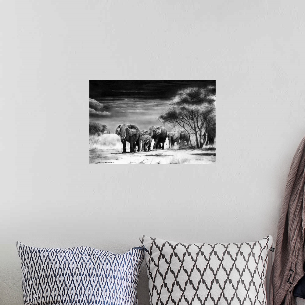 A bohemian room featuring A herd of African elephants calmly approaching a waterhole, created with graphite pencils on paper.