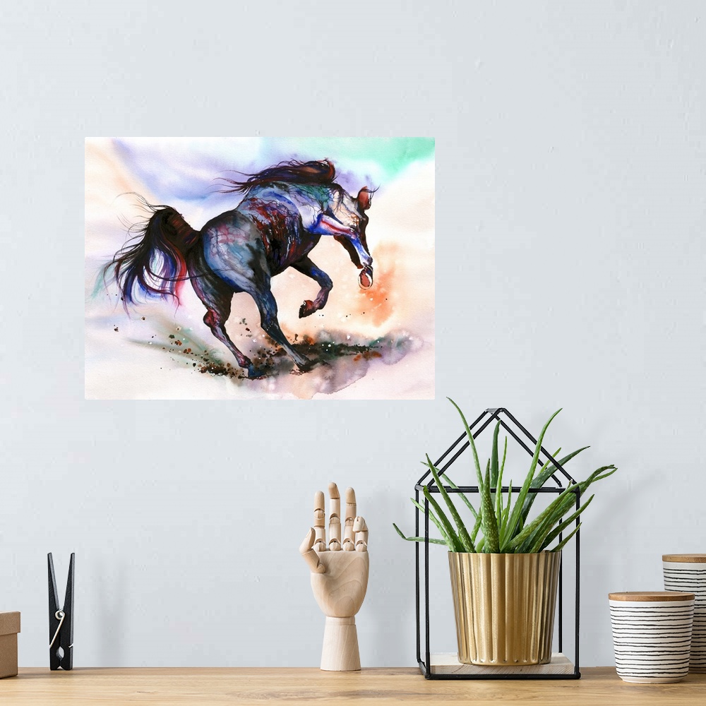 A bohemian room featuring An impressionistic watercolor interpretation of a spirited stallion bursting into a gallop.