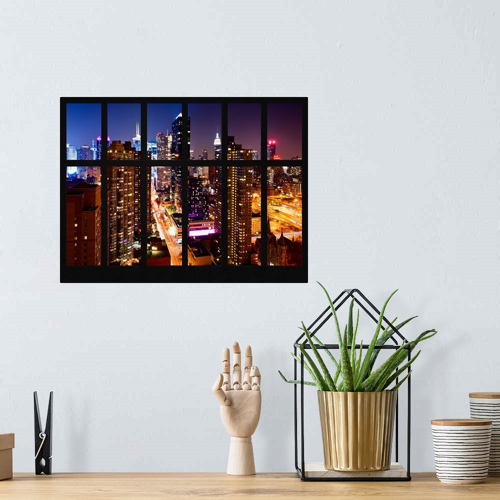 A bohemian room featuring Artistic photograph New York city at night as if viewed from a window.