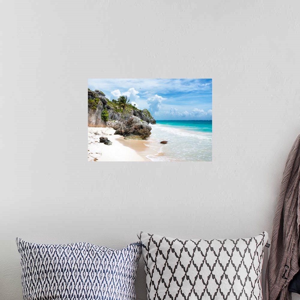 A bohemian room featuring Photograph of a clear and beautiful beach shore on the Caribbean, Mexico. From the Viva Mexico Co...