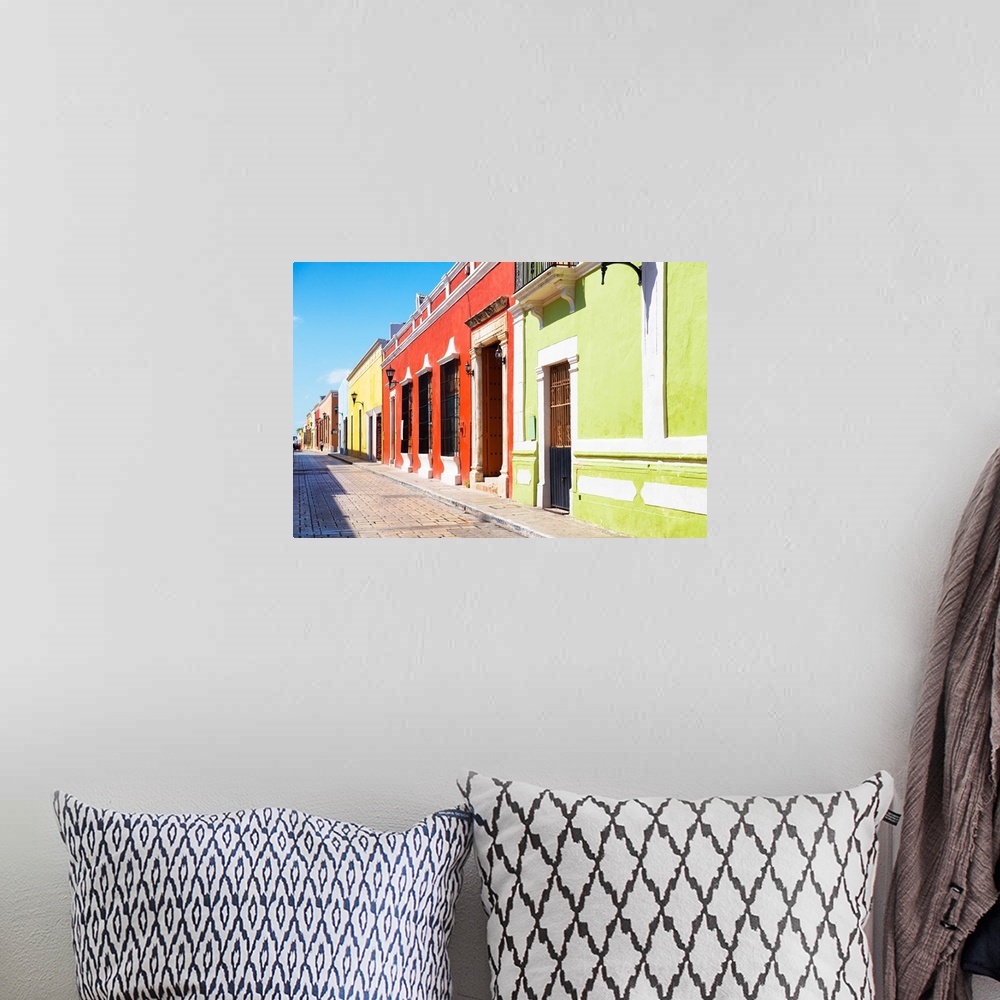 A bohemian room featuring Photograph of a colorful street view in Campeche, Mexico. From the Viva Mexico Collection.