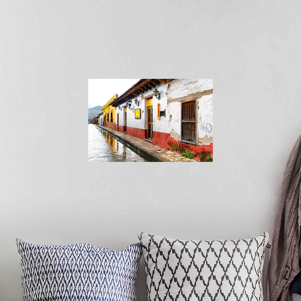 A bohemian room featuring Photograph of an overcast and rainy street scene by a pizza shop in Mexico. From the Viva Mexico ...