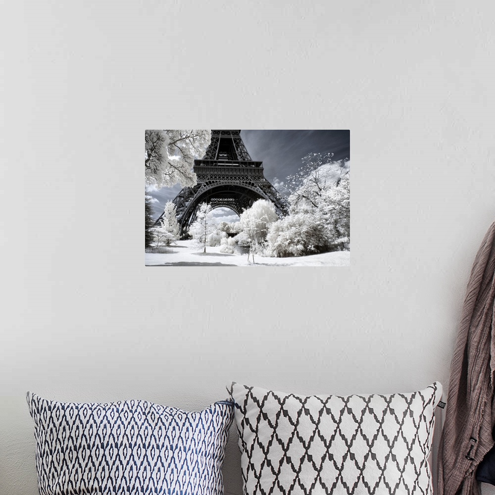 A bohemian room featuring A view of the Eiffel Tower in Paris, made in infrared mode in summer. The vegetation is white and...